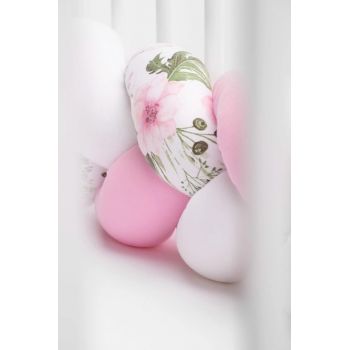 Aparatoare laterala pat bumper impletit bumbac alb - roz - flori 340X21 cm
