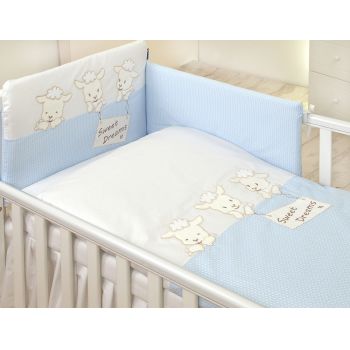 Set lenjerie din bumbac cu protectie laterala pentru pat bebelusi Sweet Dreams Blue 120x60 cm