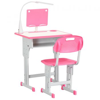 Banca cu scaun pentru copii 6-12 ani cu pupitru, suport stilou, carlig si lampa roz HOMCOM | Aosom RO ieftin