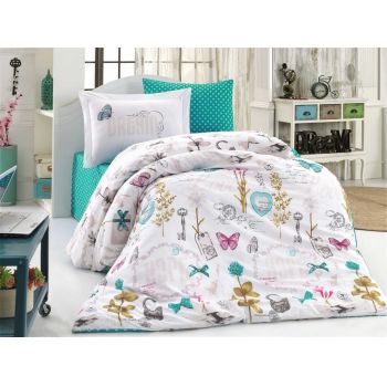 Lenjerie de pat pentru o persoana, 3 piese, 100% bumbac poplin, Hobby, Rossella Turquoise, multicolora