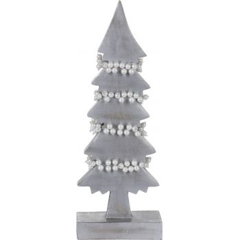 Decoratiune Xmas Tree w pearls , 13x6x31 cm, lemn de mango, alb/argintiu