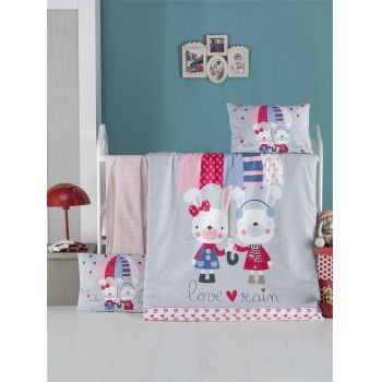 Lenjerie de pat pentru copii, Victoria, Loverain, 4 piese, 100% bumbac ranforce, multicolor