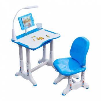 Birou cu scaun, reglabile pe inaltime, cu lampa si suport tableta, L-Sun - bleu ieftin