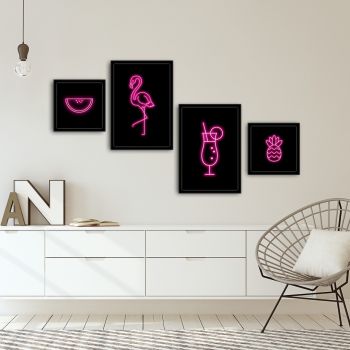 Set 4 tablouri decorative, Alpha Wall, Flamingo, 30x30/35x50 cm