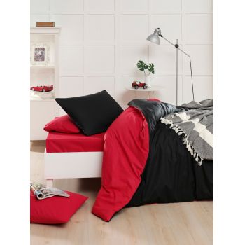 Lenjerie de pat pentru o persoana, 2 piese, 140x200 cm, 100% bumbac ranforce, Mijolnir, Cift Yonlu, rosu/negru