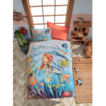 Lenjerie de pat pentru o persoana, 3 piese, 160x220 cm, 100% bumbac ranforce, Cotton Box, Mermaid, coral