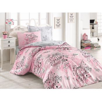 Lenjerie de pat pentru o persoana Young, 3 piese, 160x220 cm, 100% bumbac ranforce, Cotton Box, Feeling, roz