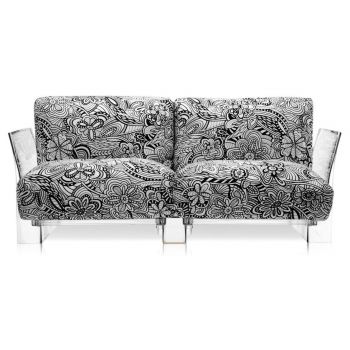 Canapea cu doua locuri Kartell Pop design Piero Lissoni & Carlo Tamborini cadru transparent tapiterie Missoni Cartagena alb-negru