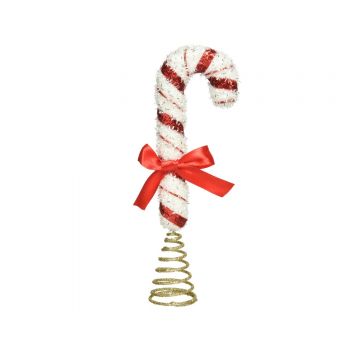 Varf decorativ pentru brad Candy cane w bow, Decoris, 4.5x7.5x25 cm, spuma, rosu/alb/auriu