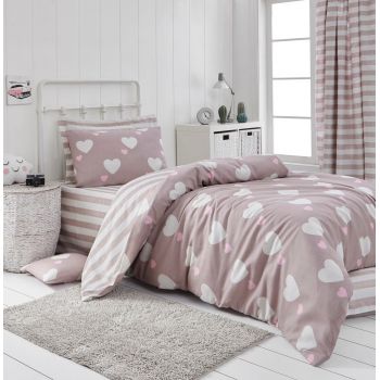 Lenjerie de pat pentru o persoana, Eponj Home, Herz 143EPJ04413, 2 piese, amestec bumbac, roz pudrat