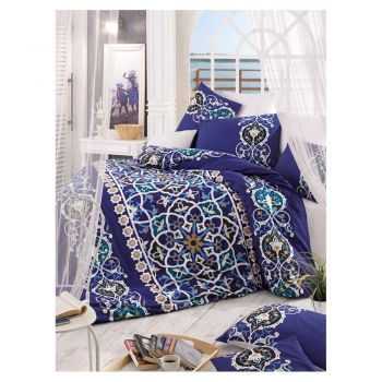 Lenjerie de pat albastru-închis din bumbac pentru pat dublu/extinsă cu cearceaf inclus 200x220 cm Kayra – Mijolnir