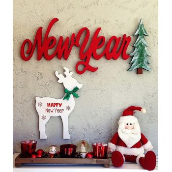 Decoratiune de perete, New Year, 70x2x30 cm, Placaj , Rosu