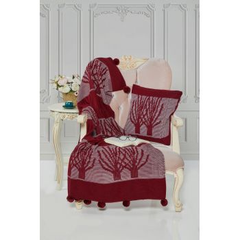 Set patura si perna Single Tricot 130x170 cm, 45x45 cm, Ponpon - Claret Red, Evlen Home - Bedroom, Acril