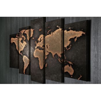 TABLOU CANVAS (5 bucăți) World, Negru - Auriu, 70x105 cm