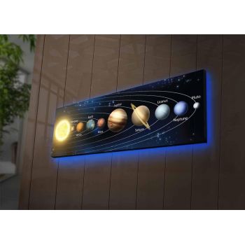 Tablou Canvas cu Led Sistemul Solar fara Priza, Albastru, 90x30 cm