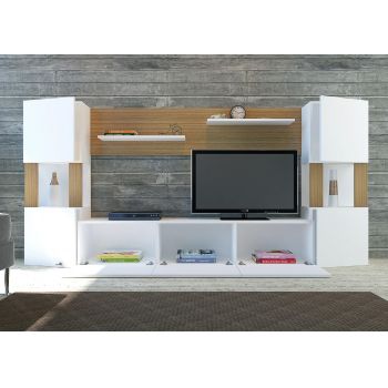 Comoda Tv Set cu dulapuri si rafturi , Alb, 240 x 125 x 32 cm