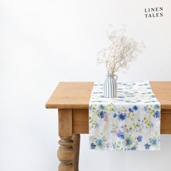 Napron de masă din in 40x200 cm White Flowers – Linen Tales