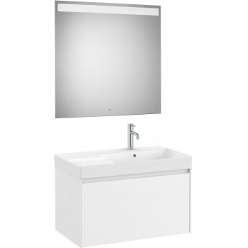 Set mobilier Roca Ona cu dulap baza cu un sertar 80cm si lavoar asimetric orientare dreapta si oglinda cu iluminare LED alb mat