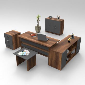 Set de mobilier de birou Linta 2, Nuc - Alb - Crem, 5 piese, Birou - Biblioteca - Consola - Masa - Rollbox