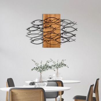 Decoratiune de perete, Fish, Metal, Cadru: 100% LEMN (grosime: 3 cm), Nuc negru