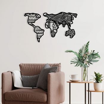 Decoratiune de perete, World Map 8, Metal, 100 x 57 cm, Negru