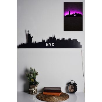 Decoratiune luminoasa LED, NYC Skyline, MDF, 60 LED-uri, Roz