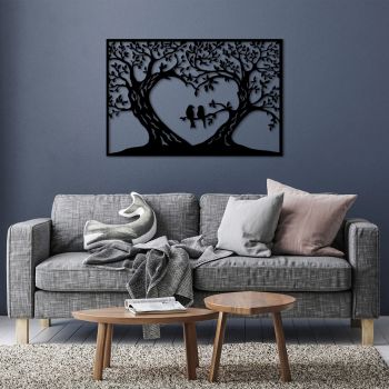 Decoratiune de perete, Birds Love, Metal, Dimensiune: 120 x 80 cm, Negru