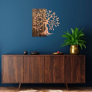 Decoratiune de perete, Tree, 50% lemn/50% metal, Dimensiune: 58 x 58 cm, Nuc / Cupru
