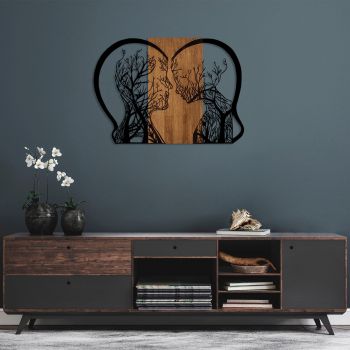 Decoratiune de perete, Tree Woman And Man Love, 50% lemn/50% metal, Dimensiune: 80 x 58 cm, Nuc / Negru