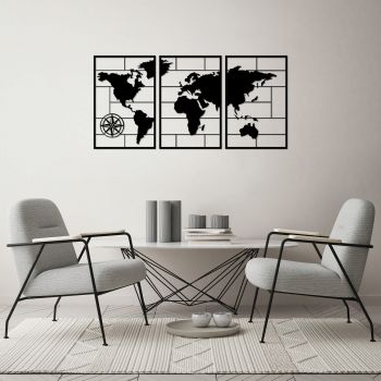 Decoratiune de perete, World Map, Metal, 50 x 75 cm, 3 piese, Negru