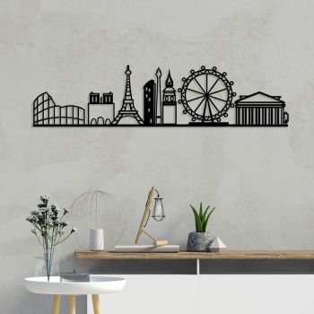 Decoratiune de perete, European Cities Skyline, Metal, Dimensiune: 120 x 29 cm, Negru