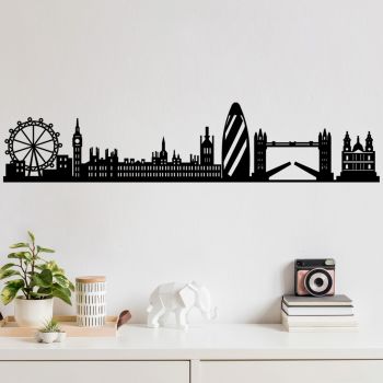 Decoratiune de perete, London Skyline, Metal, 105 x 18 cm, Negru