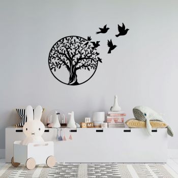 Decoratiune de perete, Tree And Birds, Metal, Dimensiune: 61 x 56 cm, Negru