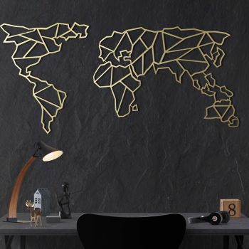 Decoratiune de perete, World Map XL, Metal, Dimensiune: 85 x 170 cm, Auriu