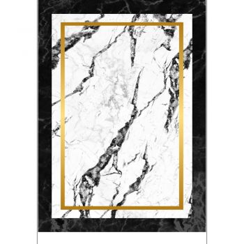 Covor modern Marble, cu imprimeu digital marmura, 100% PES, alb/ negru/ auriu, 160 x 230 cm