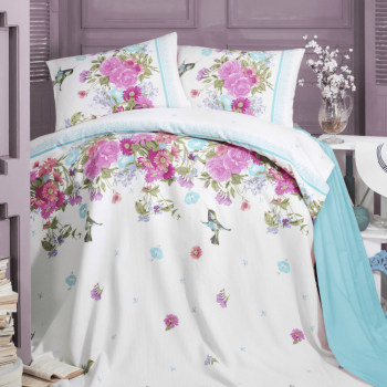 Lenjerie de pat Cintina Mint Pike Miss Mina , 2 persoane, bumbac, 4 piese, imprimeu floral, multicolor