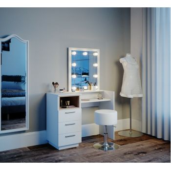 SEA361 - Set Masa toaleta, 100 cm, moderna cosmetica machiaj oglinda, masuta vanity cu sau fara LED- Alb