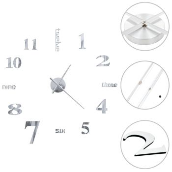 Ceas de perete 3D argintiu 100 cm XXL design modern