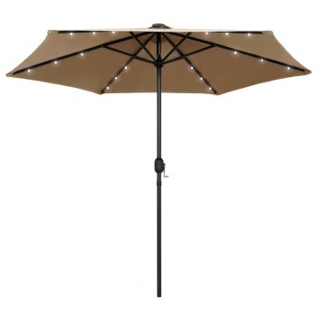 Umbrelă de soare cu LED și stâlp aluminiu gri taupe 270 cm