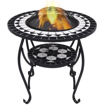 Masă cu vatră de foc mozaic negru și alb 68 cm ceramică