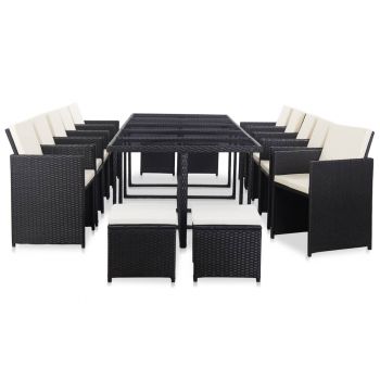 Set mobilier de exterior cu perne 15 piese negru poliratan