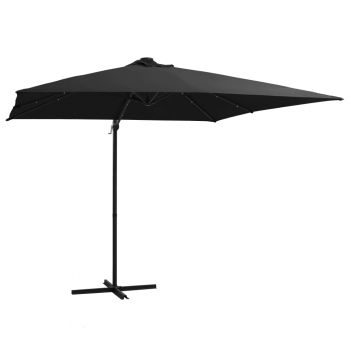 Umbrelă suspendată cu LED și stâlp din oțel negru 250x250 cm