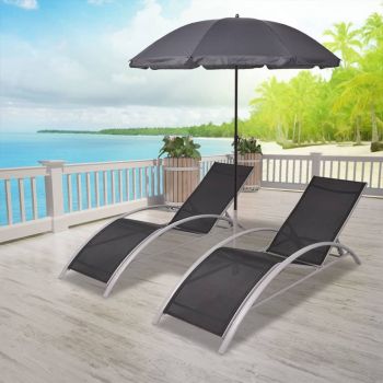Șezlonguri de plajă cu umbrelă negru aluminiu