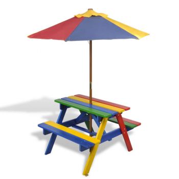 Masă de picnic pentru copii cu bănci & umbrelă lemn multicolor