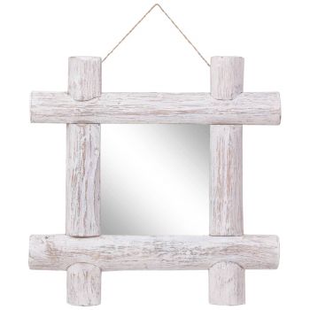 Oglindă cu ramă din bușteni alb 50x50 cm lemn masiv reciclat