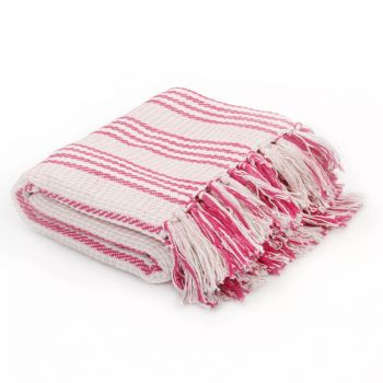 Pătură decorativă cu dungi bumbac 220 x 250 cm roz și alb