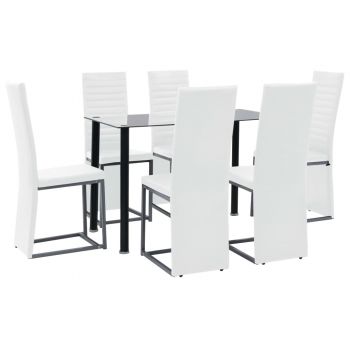 Set de mobilier 7 piese negru & alb oțel și sticlă securizată