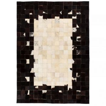 Covor piele naturală mozaic 80x150 cm Pătrate Negru/alb