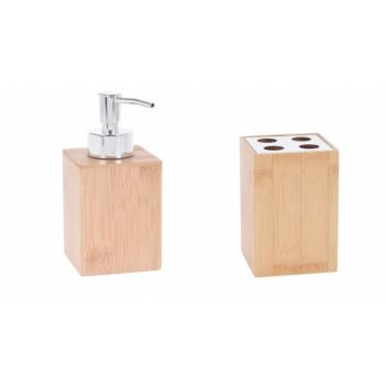 Set accesorii din bambus pentru baie format din dozator sapun lichid si pahar pentru periute de dinti