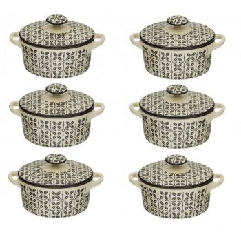Set format din 6 boluri de servit din ceramica cu manere si capac pentru supa, alb cu negru, 600 ml